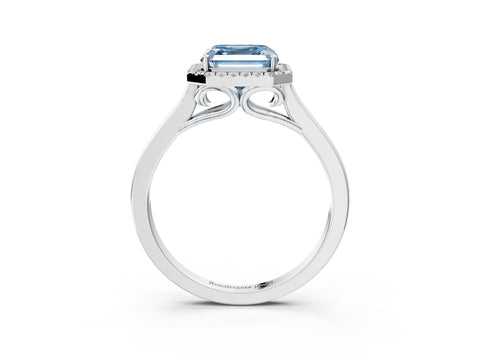 White gold Fancy Blue Asscher Cut Halo Round Diamond Solitaire Ring with Pavé Band and Four-Prong Setting_3