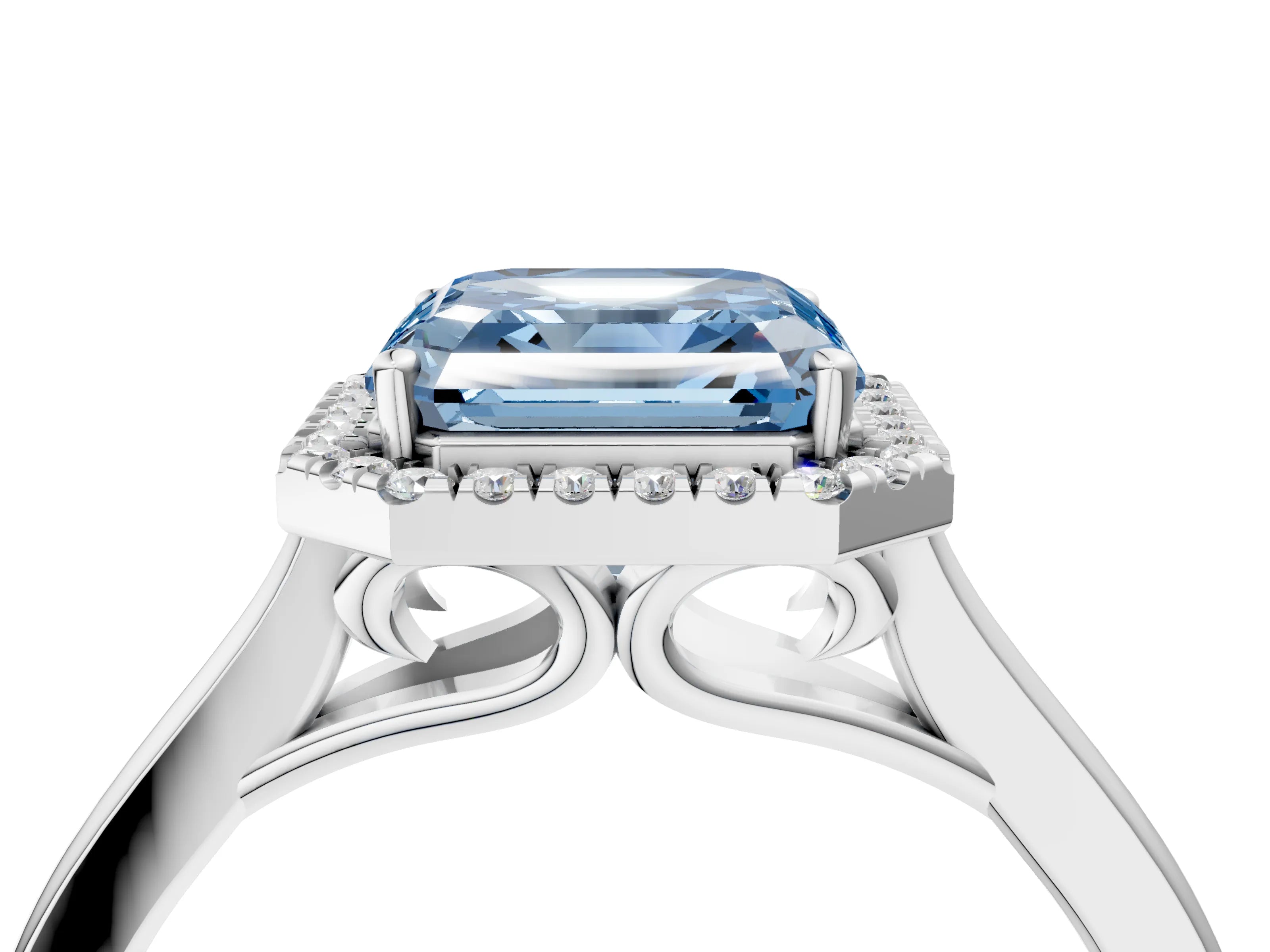 White gold Fancy Blue Asscher Cut Halo Round Diamond Solitaire Ring with Pavé Band and Four-Prong Setting_4