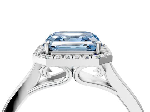 White gold Fancy Blue Asscher Cut Halo Round Diamond Solitaire Ring with Pavé Band and Four-Prong Setting_4