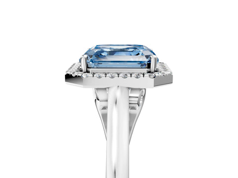 White gold Fancy Blue Asscher Cut Halo Round Diamond Solitaire Ring with Pavé Band and Four-Prong Setting_5