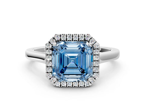 White gold Fancy Blue Asscher Cut Halo Round Diamond Solitaire Ring with Pavé Band and Four-Prong Setting