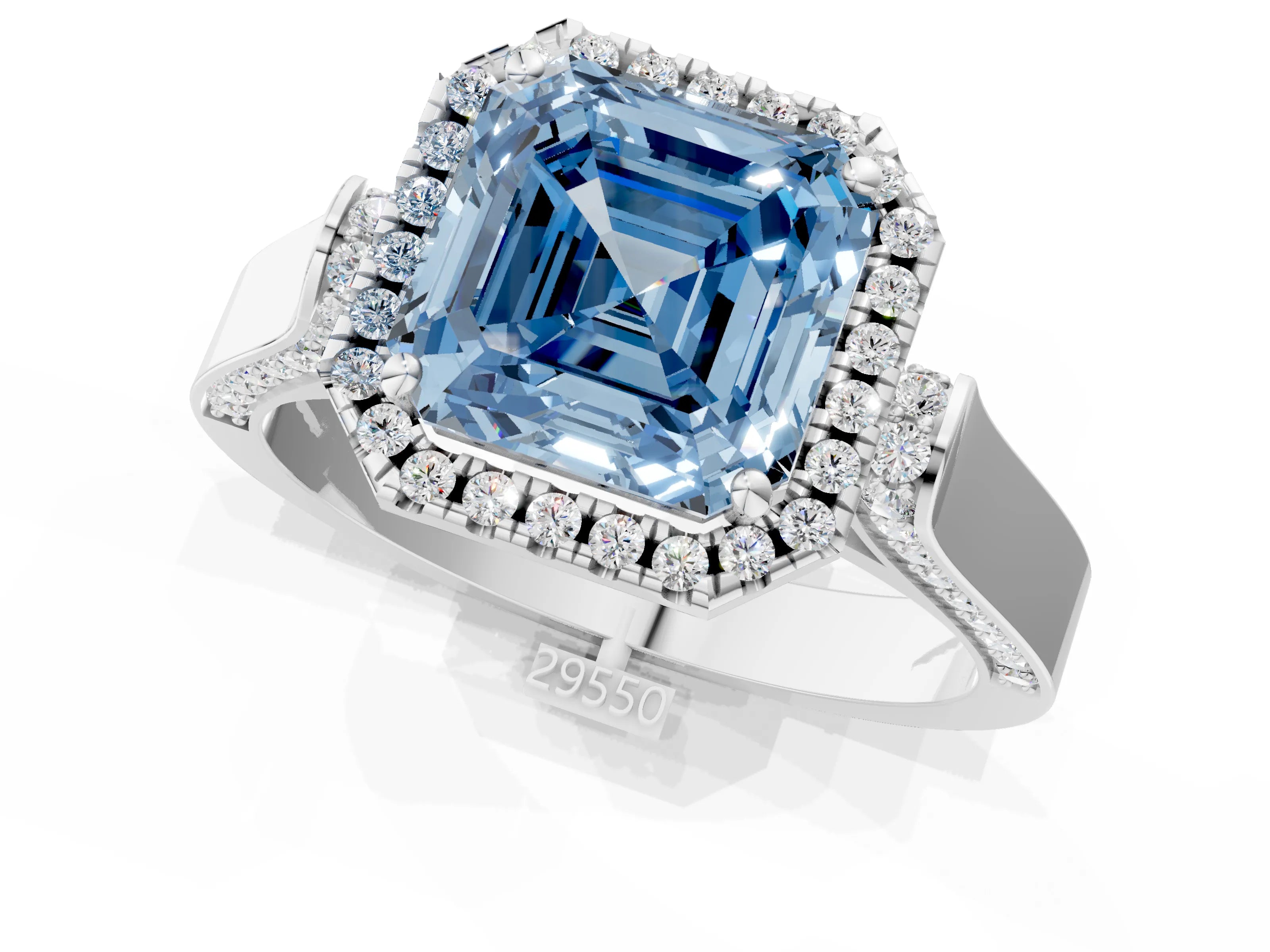 White gold Fancy Blue Asscher Cut Halo Round Diamond Twist Band with Four-Prong Setting_1