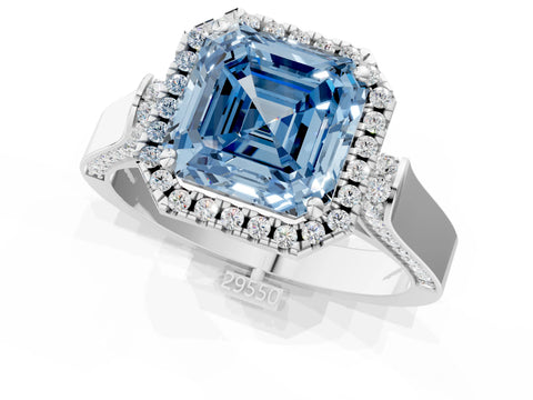 White gold Fancy Blue Asscher Cut Halo Round Diamond Twist Band with Four-Prong Setting_1