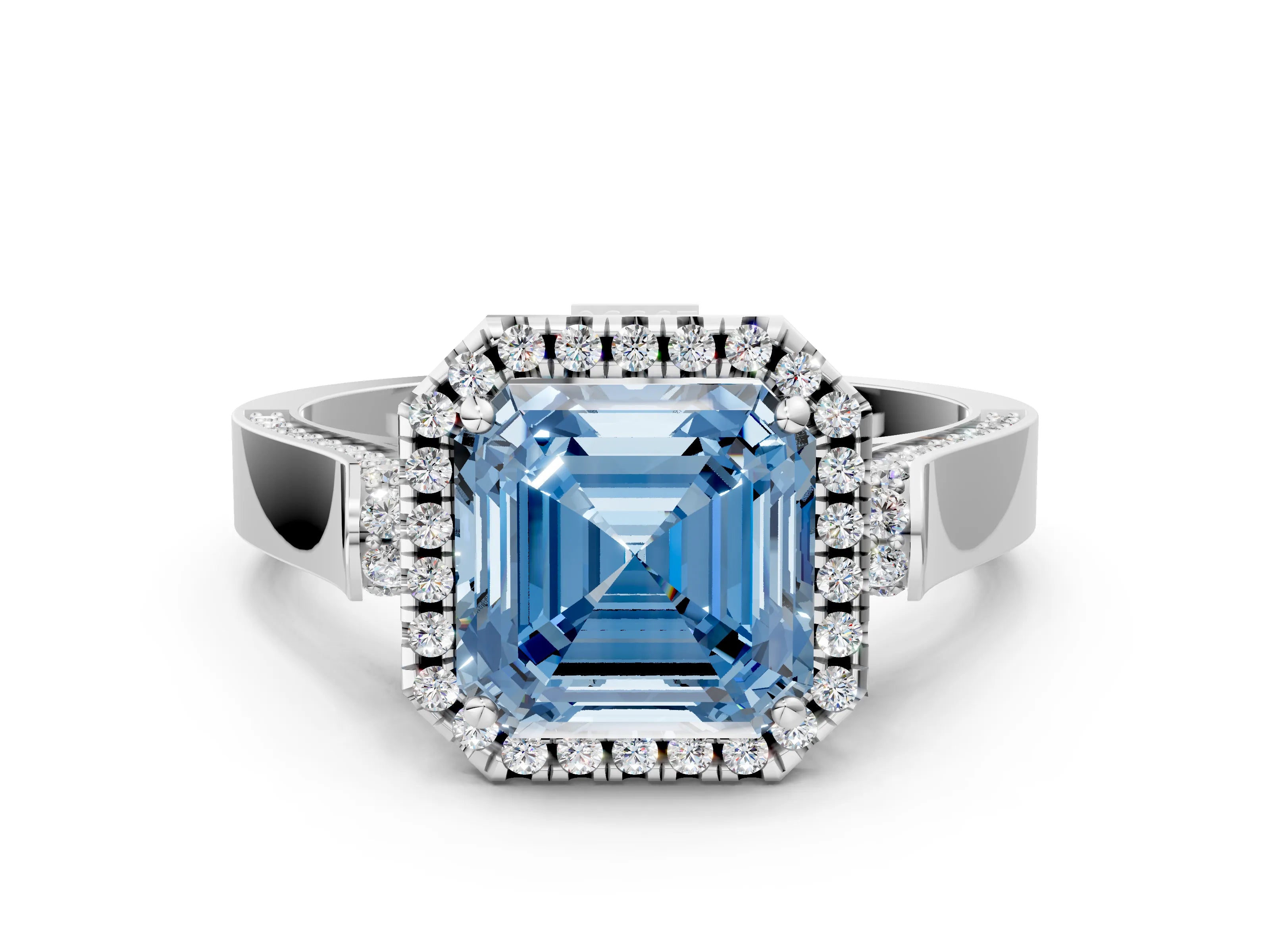 White gold Fancy Blue Asscher Cut Halo Round Diamond Twist Band with Four-Prong Setting_24