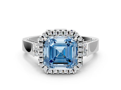 White gold Fancy Blue Asscher Cut Halo Round Diamond Twist Band with Four-Prong Setting_24