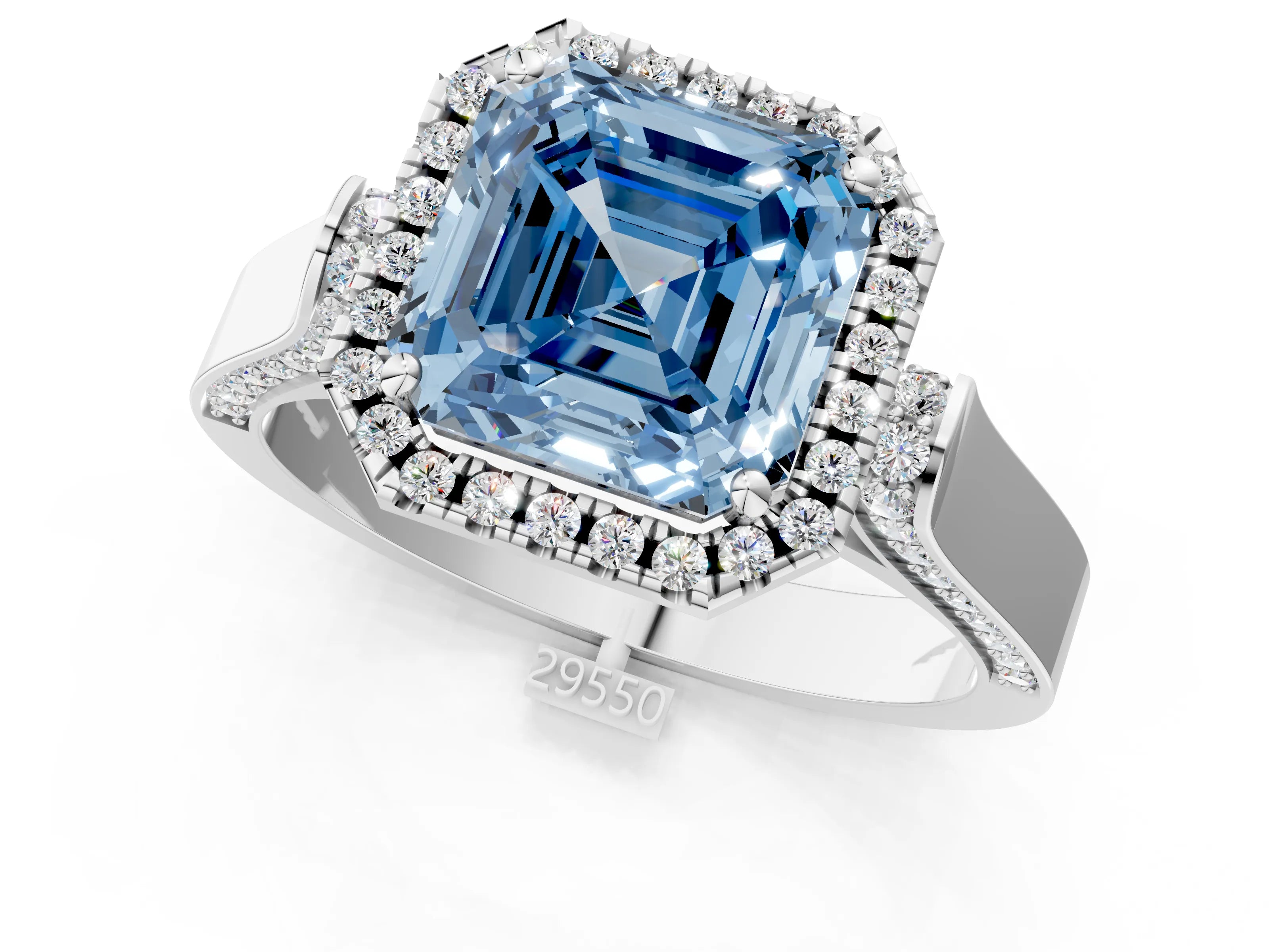 White gold Fancy Blue Asscher Cut Halo Round Diamond Twist Band with Four-Prong Setting_25