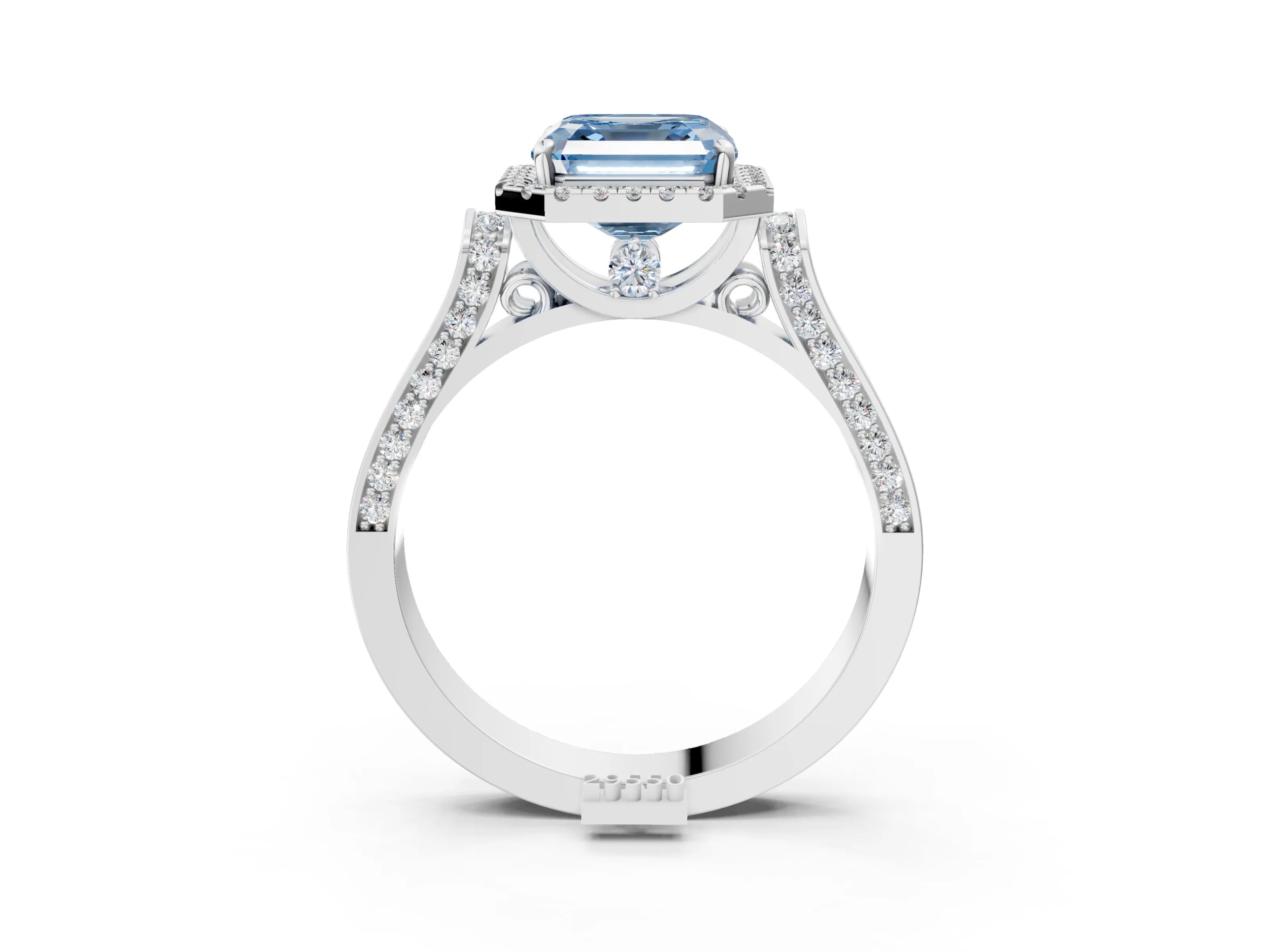 White gold Fancy Blue Asscher Cut Halo Round Diamond Twist Band with Four-Prong Setting_27