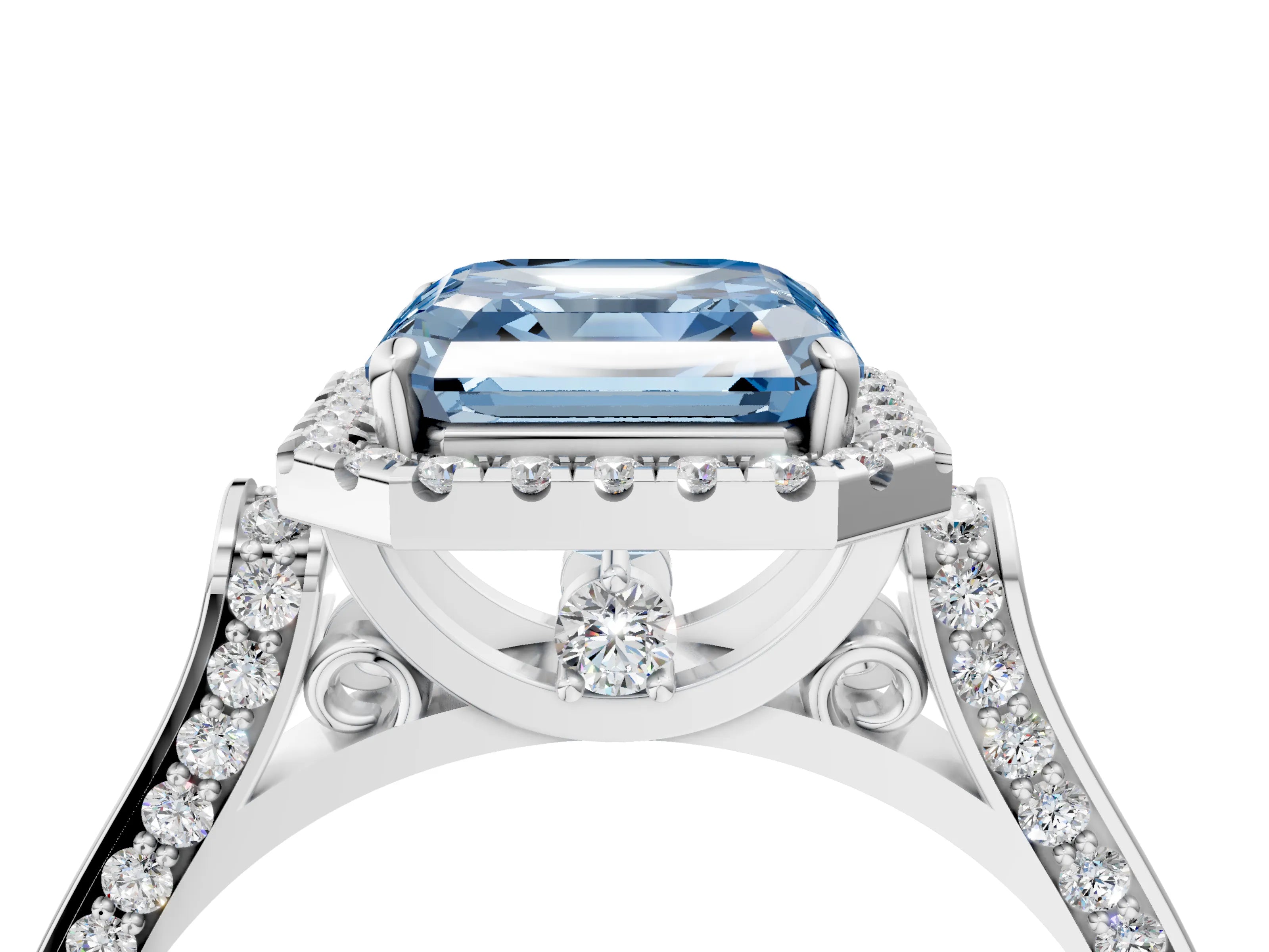 White gold Fancy Blue Asscher Cut Halo Round Diamond Twist Band with Four-Prong Setting_28