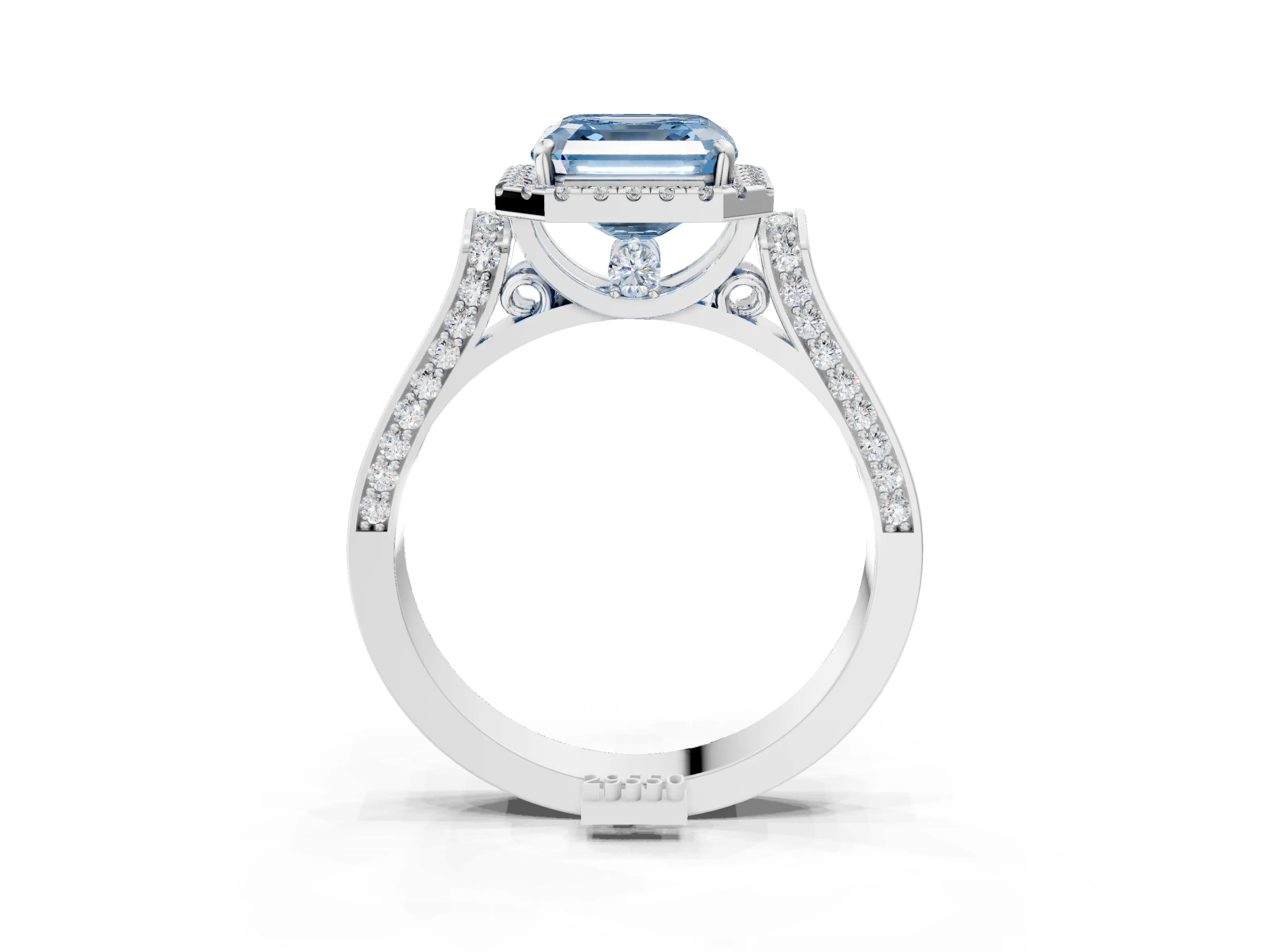 White gold Fancy Blue Asscher Cut Halo Round Diamond Twist Band with Four-Prong Setting_3
