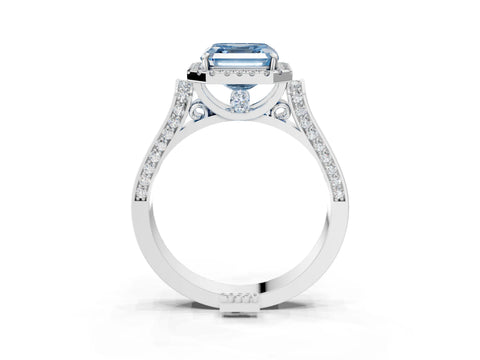 White gold Fancy Blue Asscher Cut Halo Round Diamond Twist Band with Four-Prong Setting_3