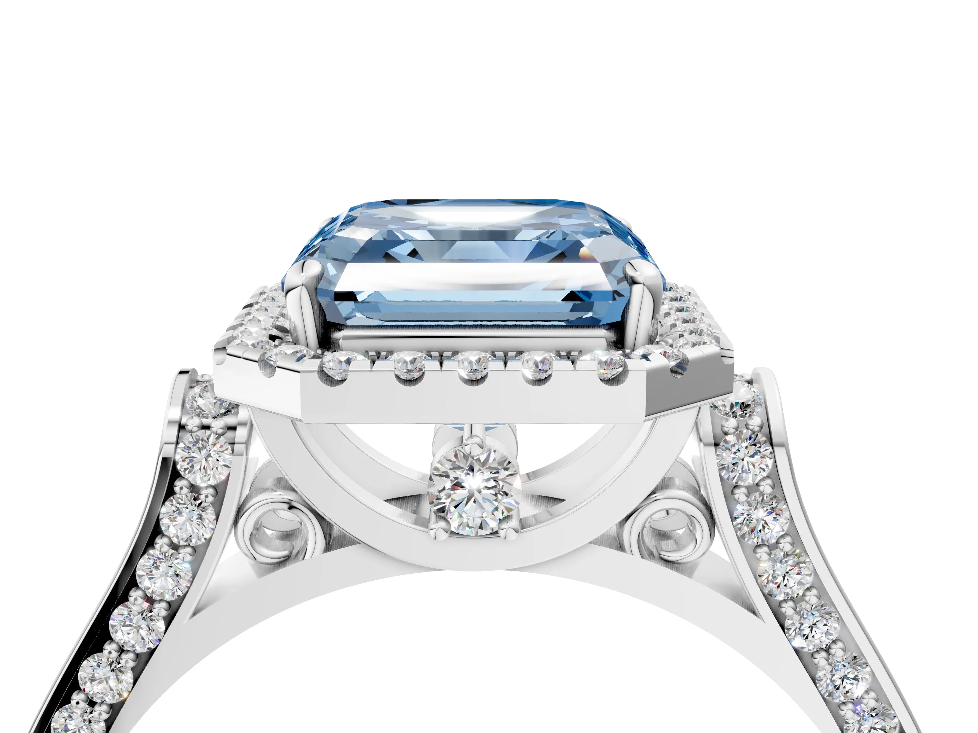 White gold Fancy Blue Asscher Cut Halo Round Diamond Twist Band with Four-Prong Setting_4