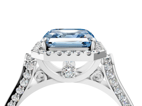 White gold Fancy Blue Asscher Cut Halo Round Diamond Twist Band with Four-Prong Setting_4