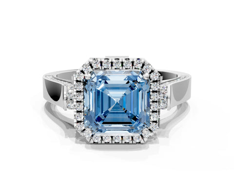 White gold Fancy Blue Asscher Cut Halo Round Diamond Twist Band with Four-Prong Setting