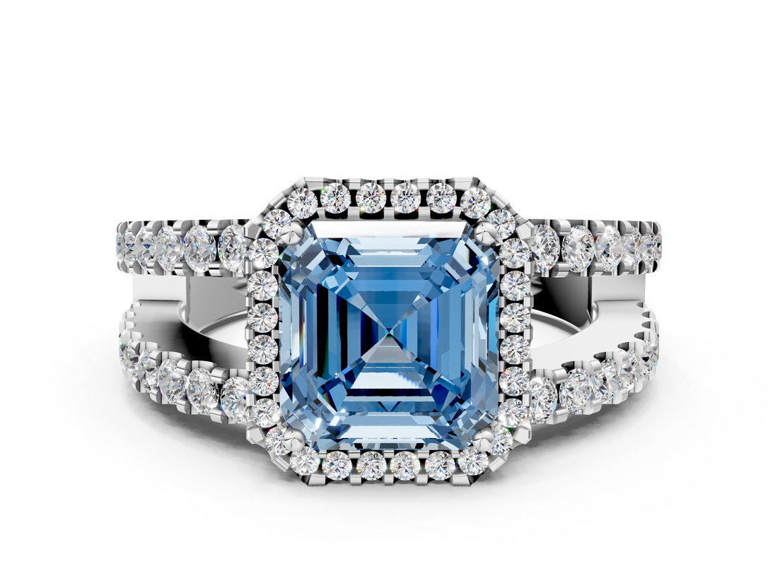 White gold Fancy Blue Asscher  Cut Halo Split Shank Diamond Ring with Four-Prong Setting