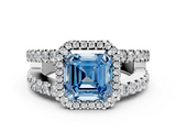 White gold Fancy Blue Asscher  Cut Halo Split Shank Diamond Ring with Four-Prong Setting