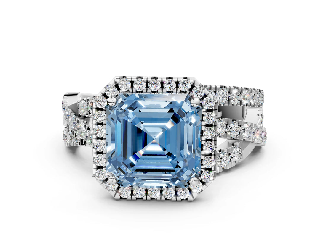 White gold Fancy Blue Asscher  Cut Halo Split Shank Prong Setting Ring_37