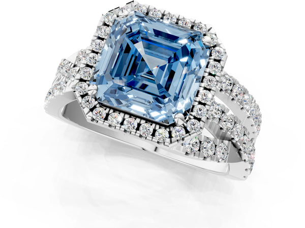 White Gold Asscher Cut Halo Twist Engagement Ring Setting for Fancy Blue Center