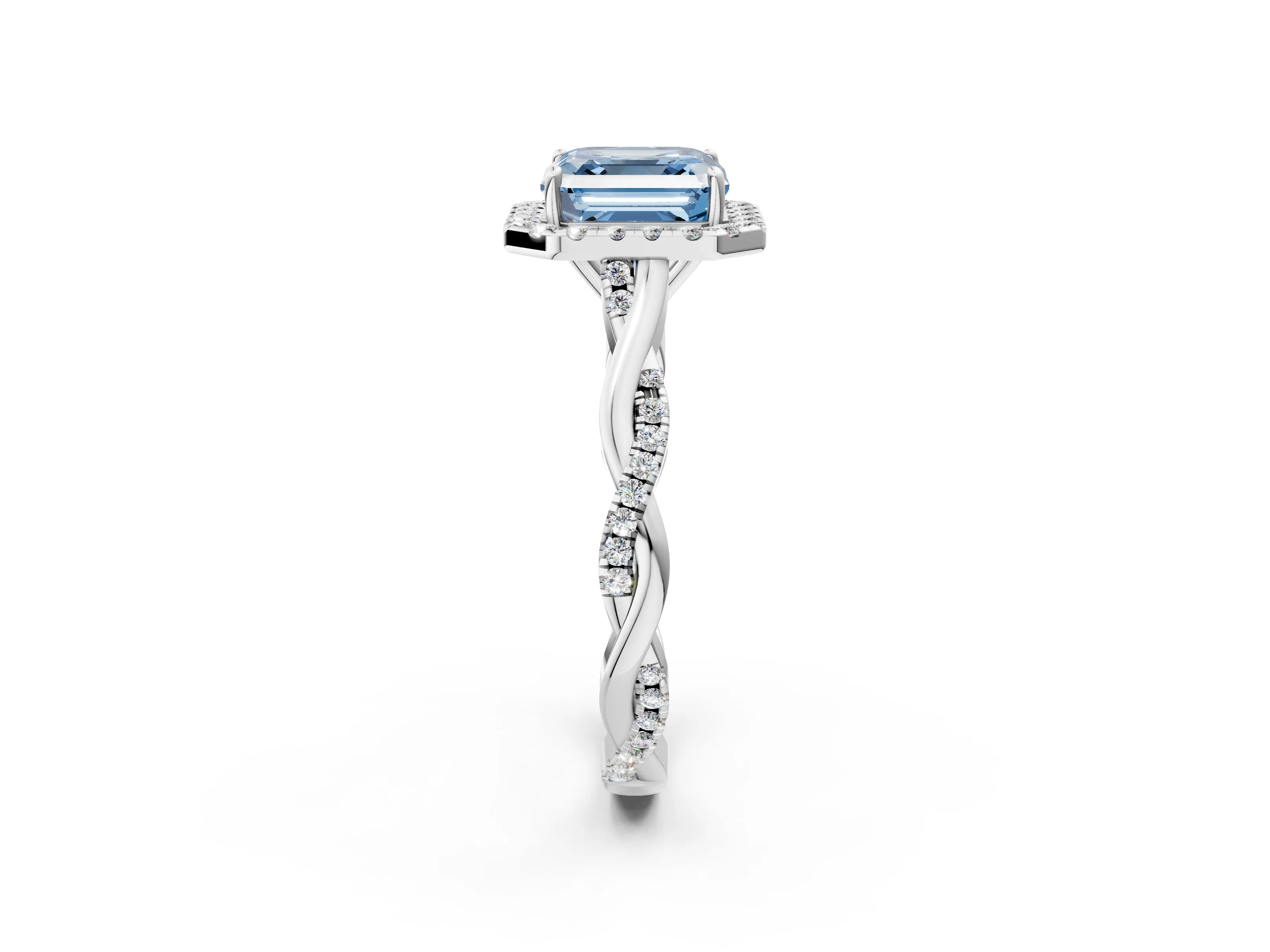 White gold Fancy Blue Asscher Cut Halo Twist Band with Four-Prong Setting_2