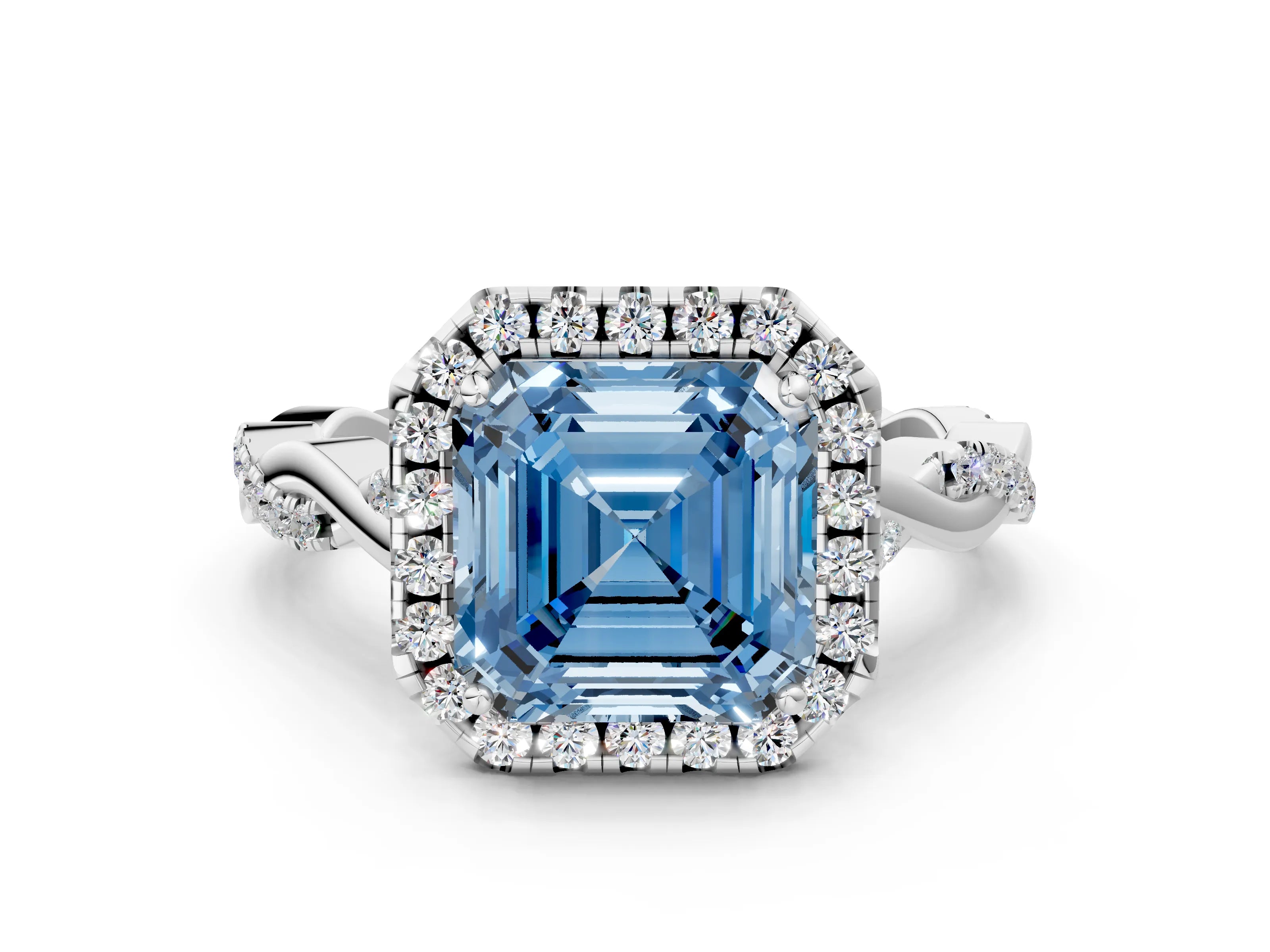 White gold Fancy Blue Asscher Cut Halo Twist Band with Four-Prong Setting