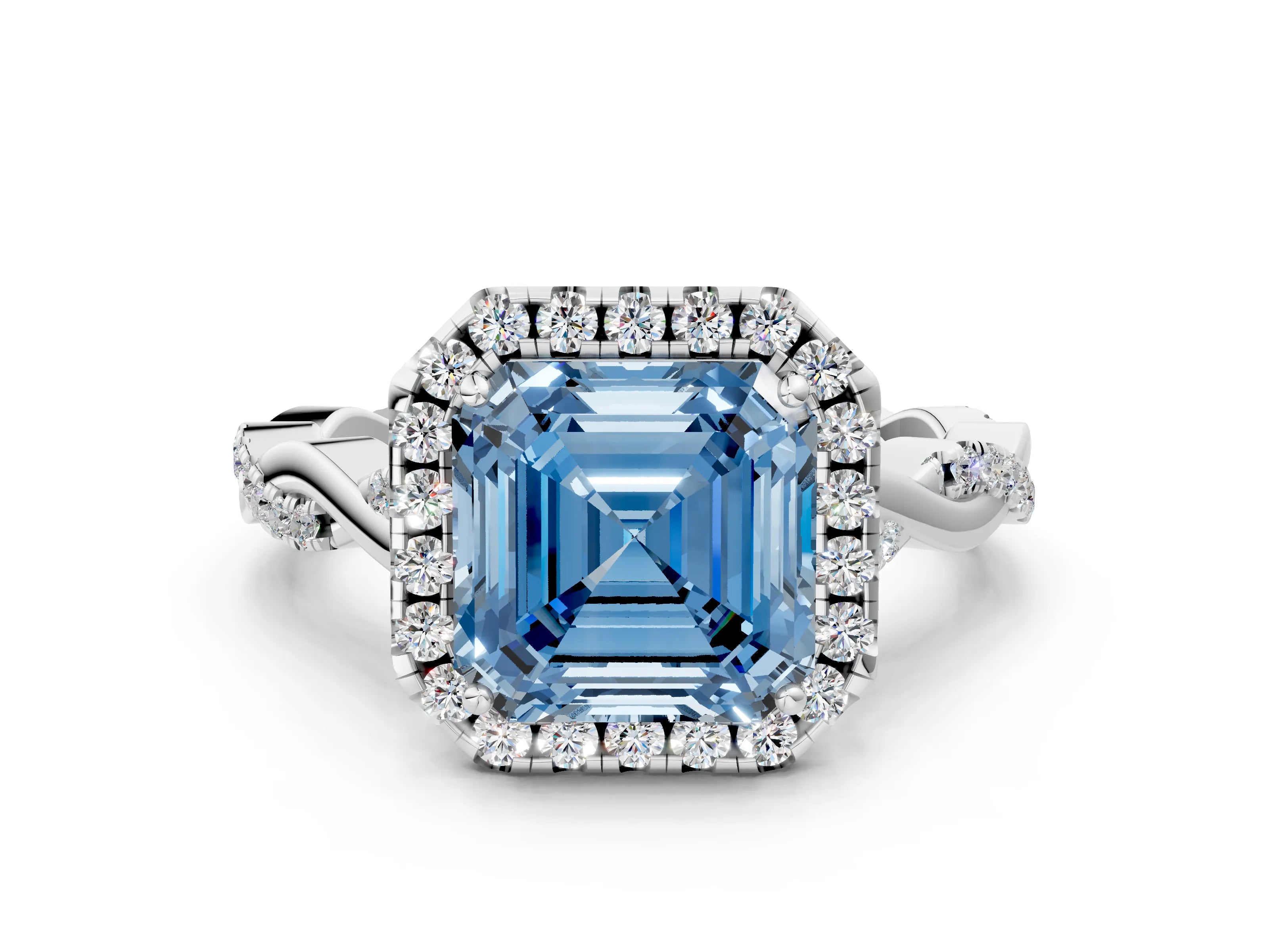 White gold Fancy Blue Asscher Cut Halo Twist Band with Four-Prong Setting_72