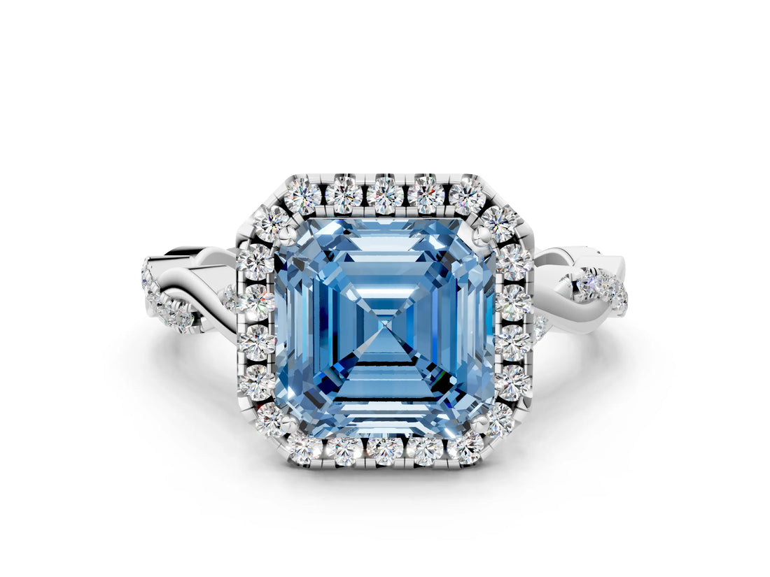 White gold Fancy Blue Asscher Cut Halo Twist Band with Four-Prong Setting_72