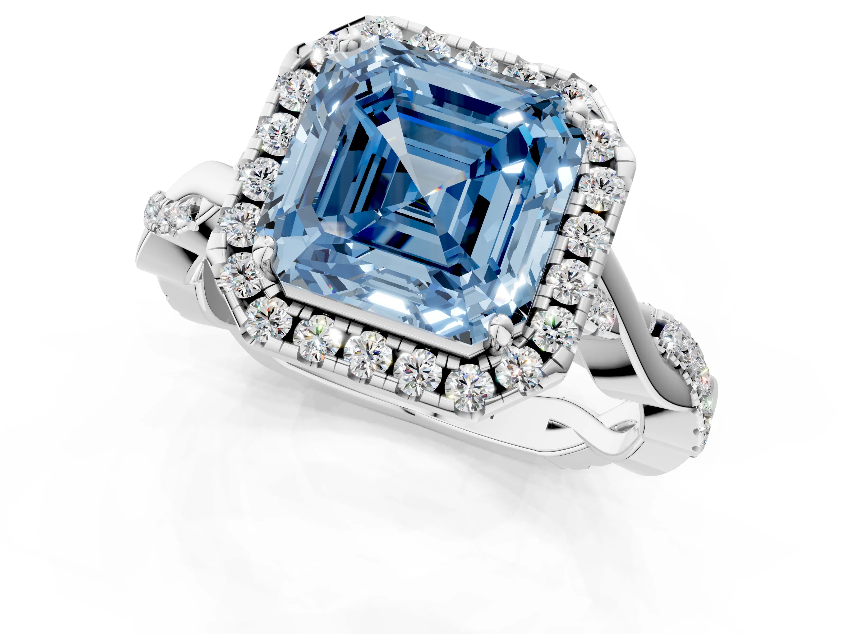 White gold Fancy Blue Asscher Cut Halo Twist Band with Four-Prong Setting_73