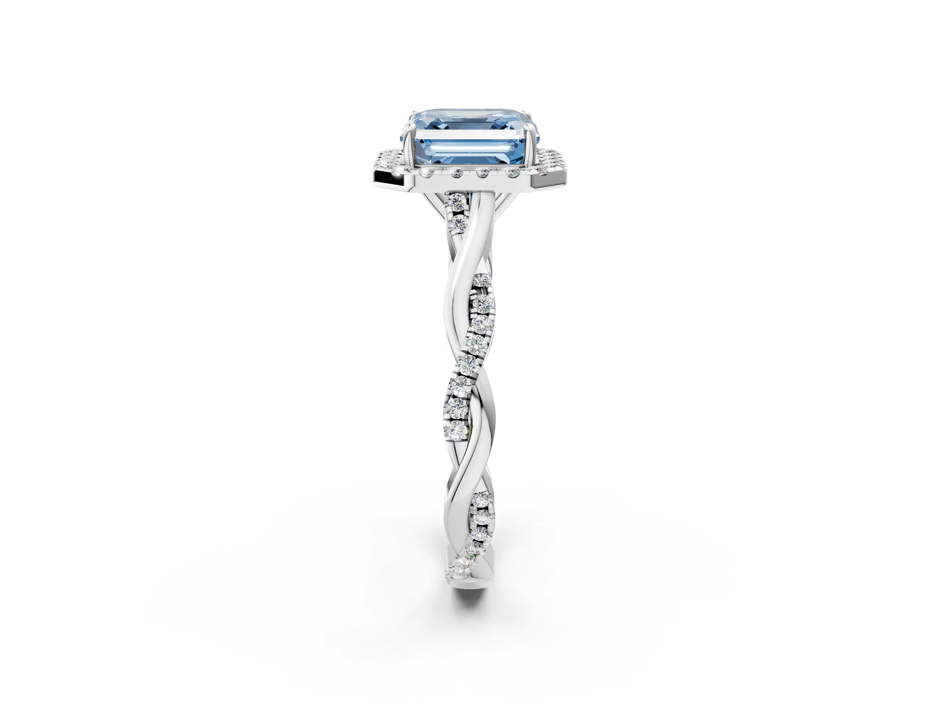 White gold Fancy Blue Asscher Cut Halo Twist Band with Four-Prong Setting_74