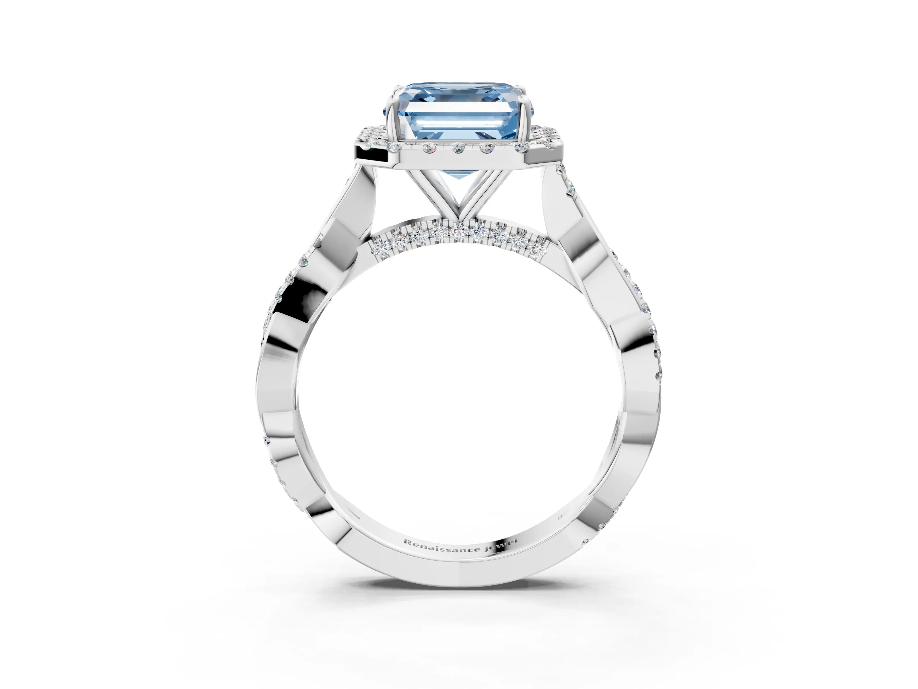White gold Fancy Blue Asscher Cut Halo Twist Band with Four-Prong Setting_75