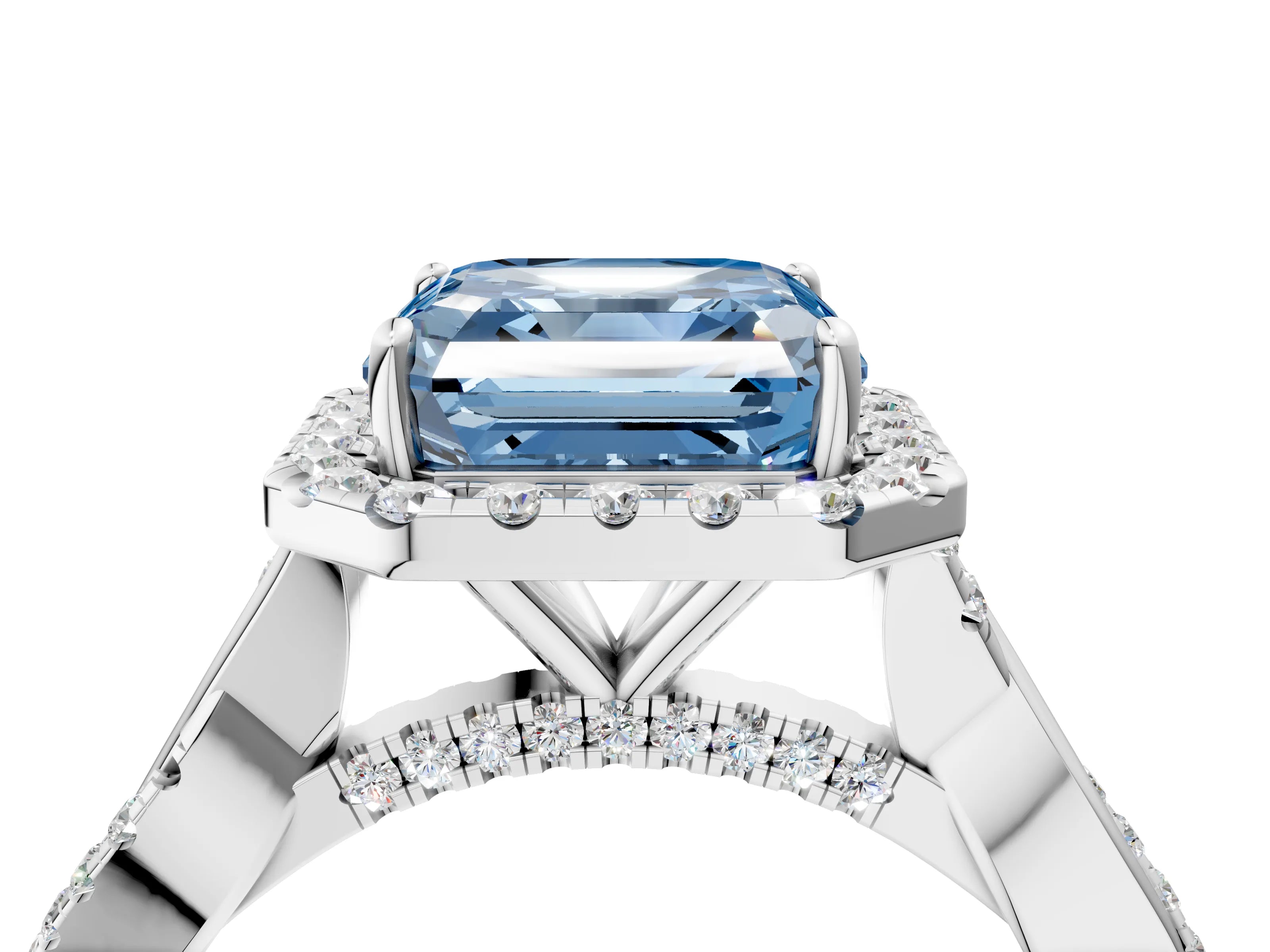 White gold Fancy Blue Asscher Cut Halo Twist Band with Four-Prong Setting_76