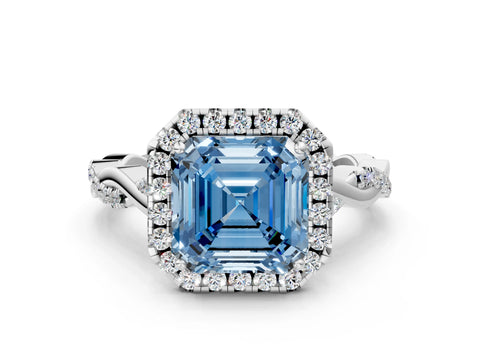 White gold Fancy Blue Asscher Cut Halo Twist Band with Four-Prong Setting
