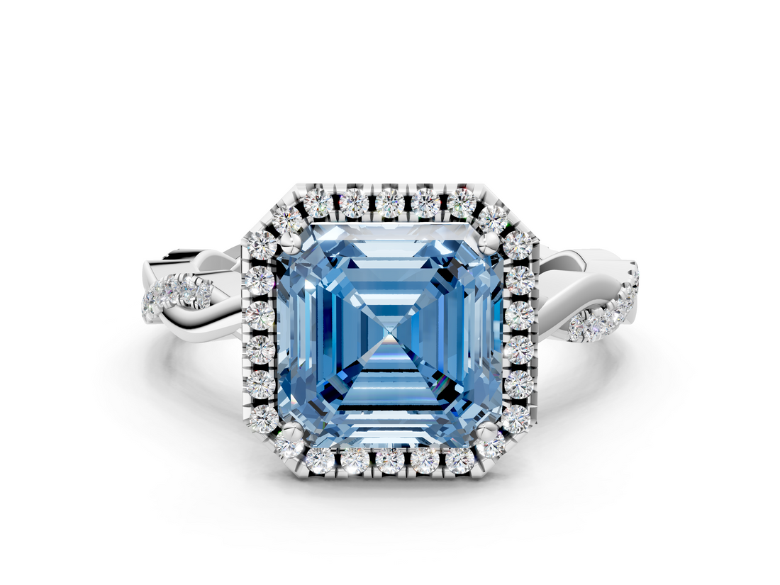 White gold Fancy Blue Asscher  Cut Halo Twisted Band Four-Prong Ring