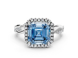 White gold Fancy Blue Asscher  Cut Halo Twisted Band Four-Prong Ring