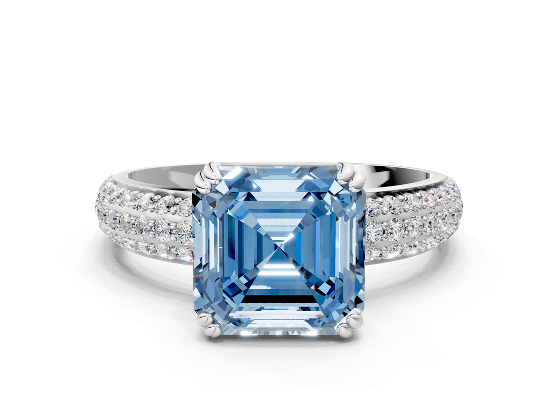 White gold Fancy Blue Asscher  Cut Pave Diamond Engagement Ring with Channel Set Band and Four-Prong Setting