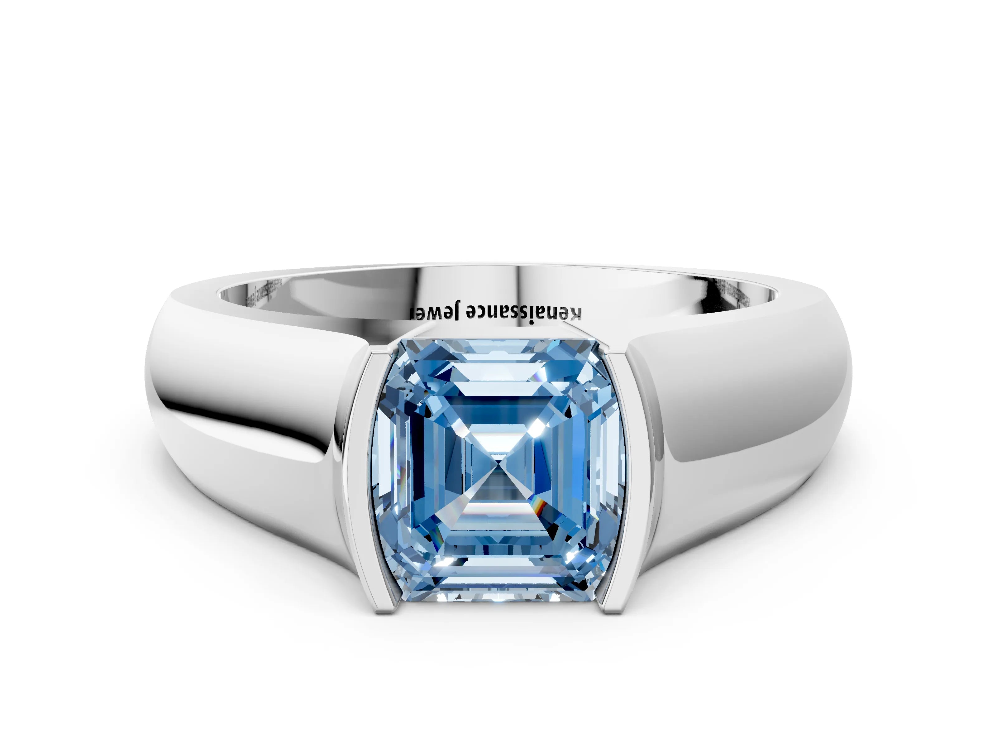 White gold Fancy Blue Asscher Cut Solitaire Bezel Set Diamond Ring with Wide Band_12