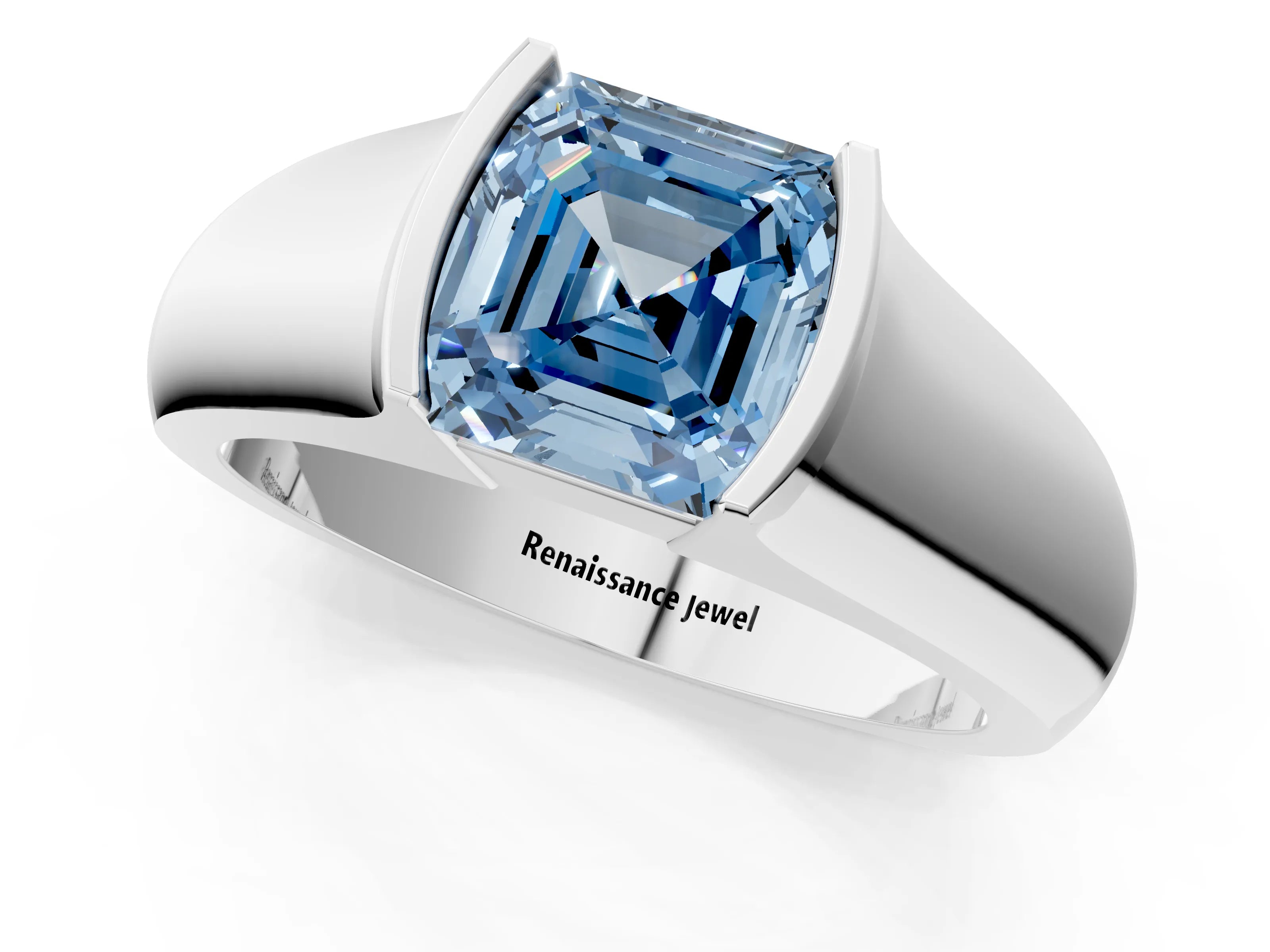 White gold Fancy Blue Asscher Cut Solitaire Bezel Set Diamond Ring with Wide Band_13