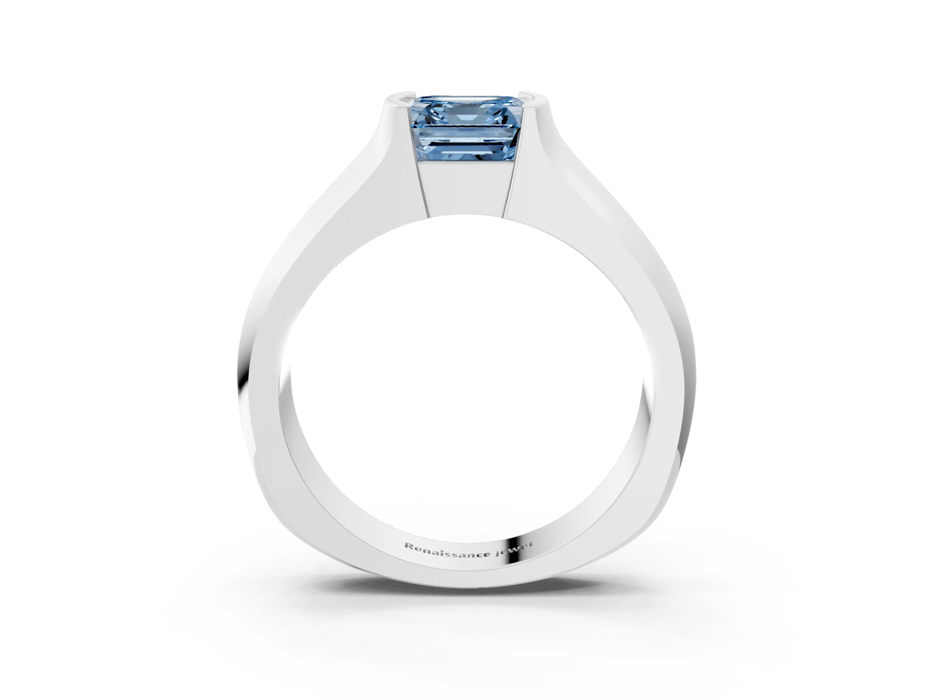 White gold Fancy Blue Asscher Cut Solitaire Bezel Set Diamond Ring with Wide Band_15