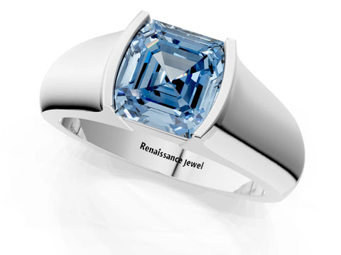 White gold Fancy Blue Asscher Cut Solitaire Bezel Set Diamond Ring with Wide Band_1