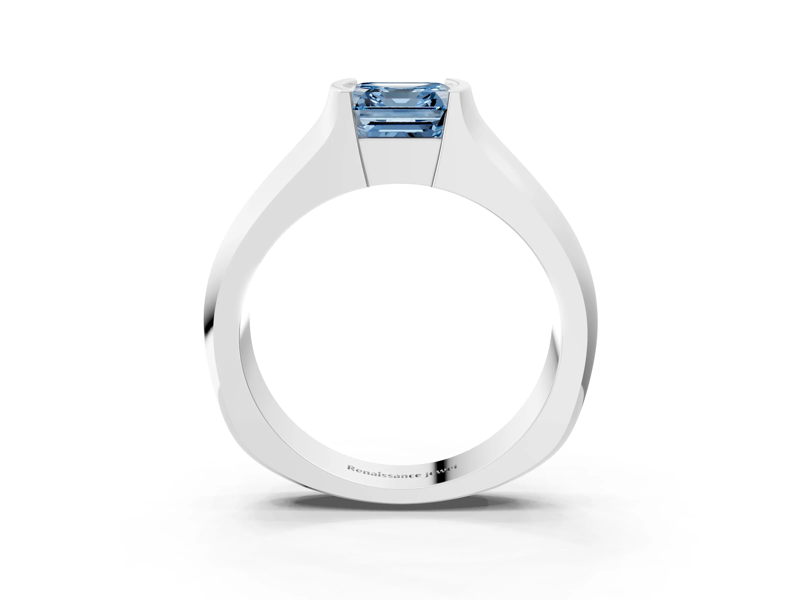 White gold Fancy Blue Asscher Cut Solitaire Bezel Set Diamond Ring with Wide Band_3
