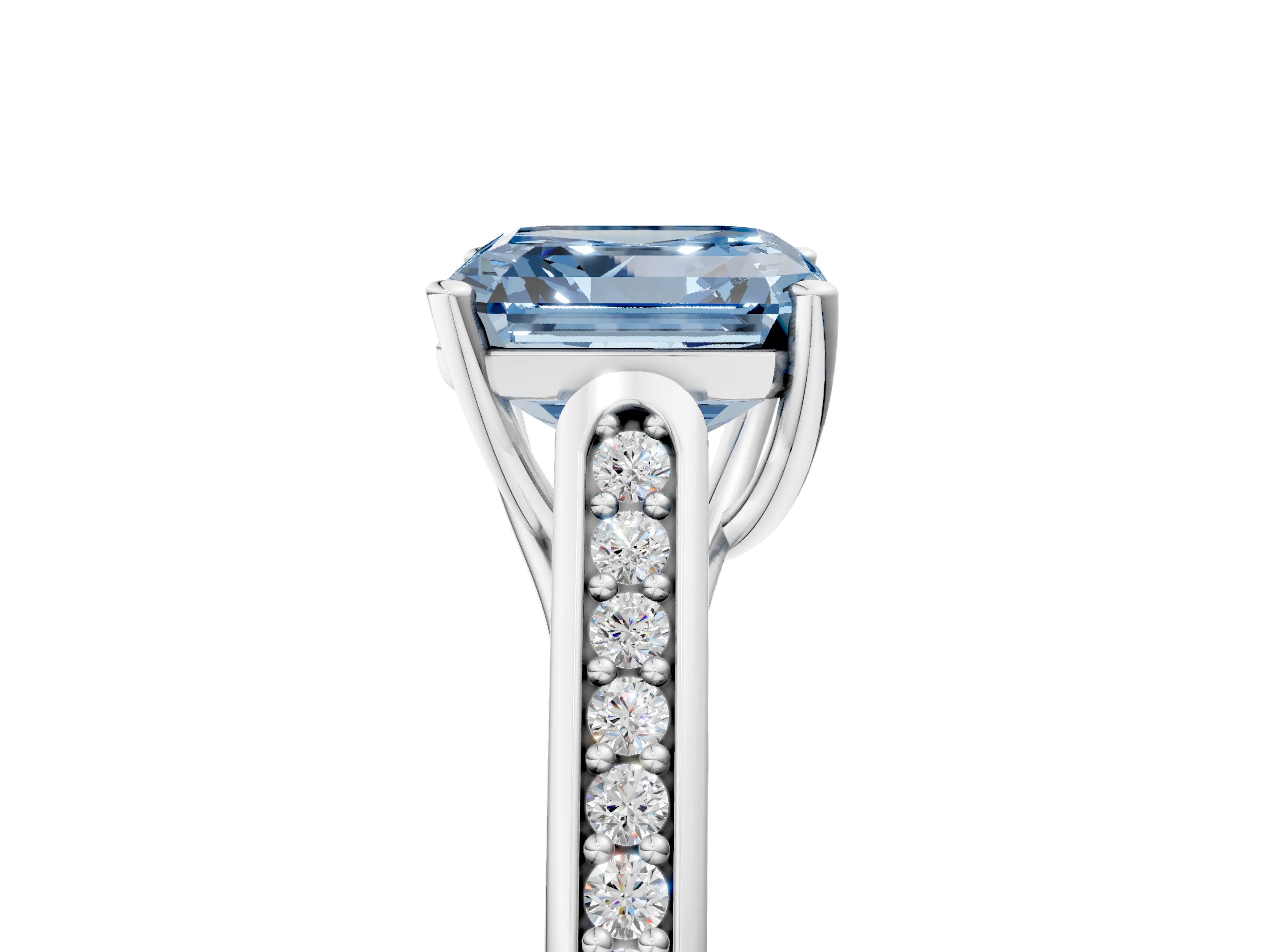 White gold Fancy Blue Asscher Cut Solitaire Cathedral Diamond Engagement Ring with Channel-Set Band and Four-Prong Setting_20