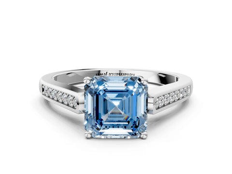 White gold Fancy Blue Asscher Cut Solitaire Cathedral Diamond Engagement Ring with Channel-Set Band and Four-Prong Setting_3