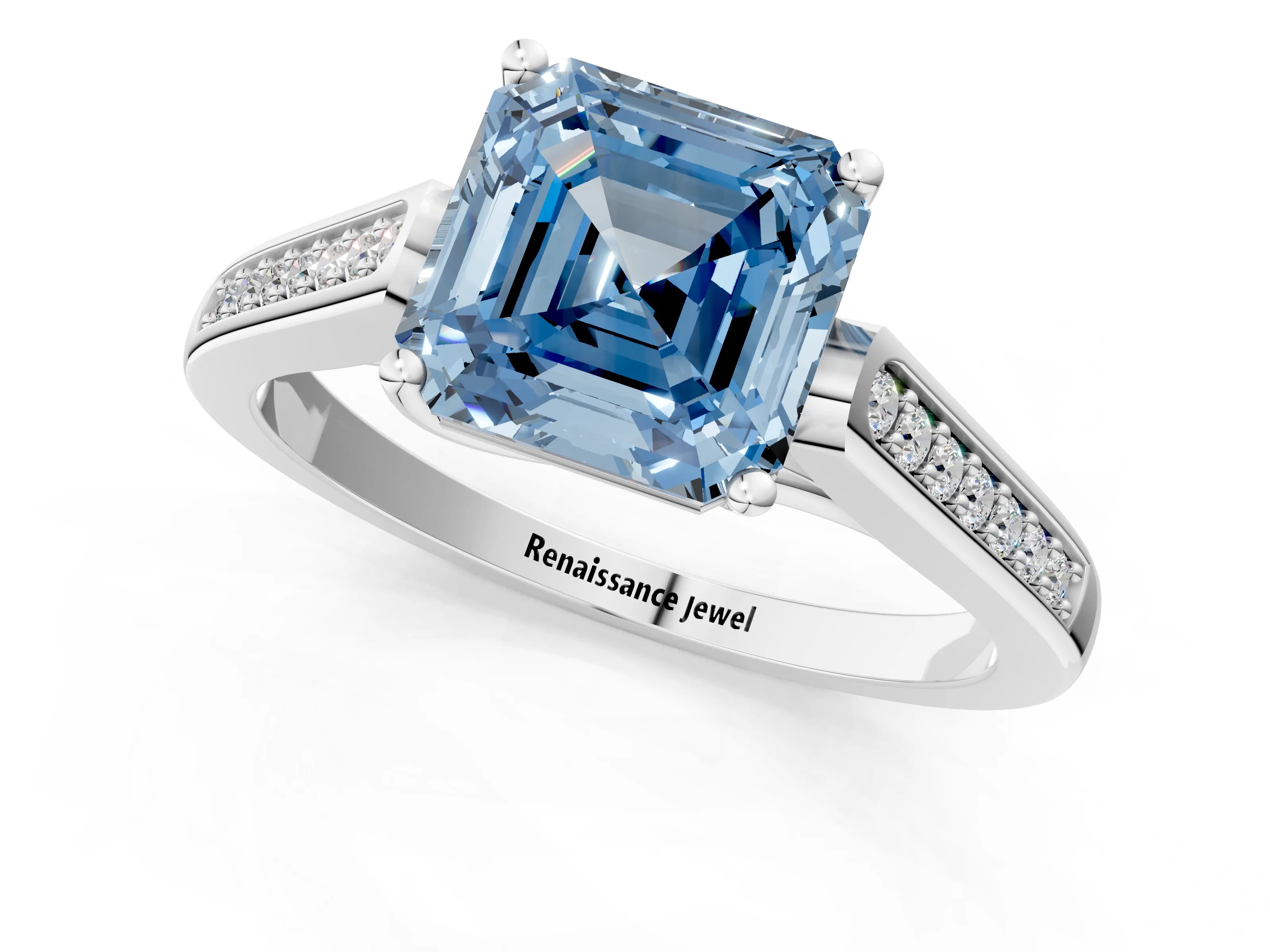 White gold Fancy Blue Asscher Cut Solitaire Cathedral Diamond Engagement Ring with Channel-Set Band and Four-Prong Setting_4
