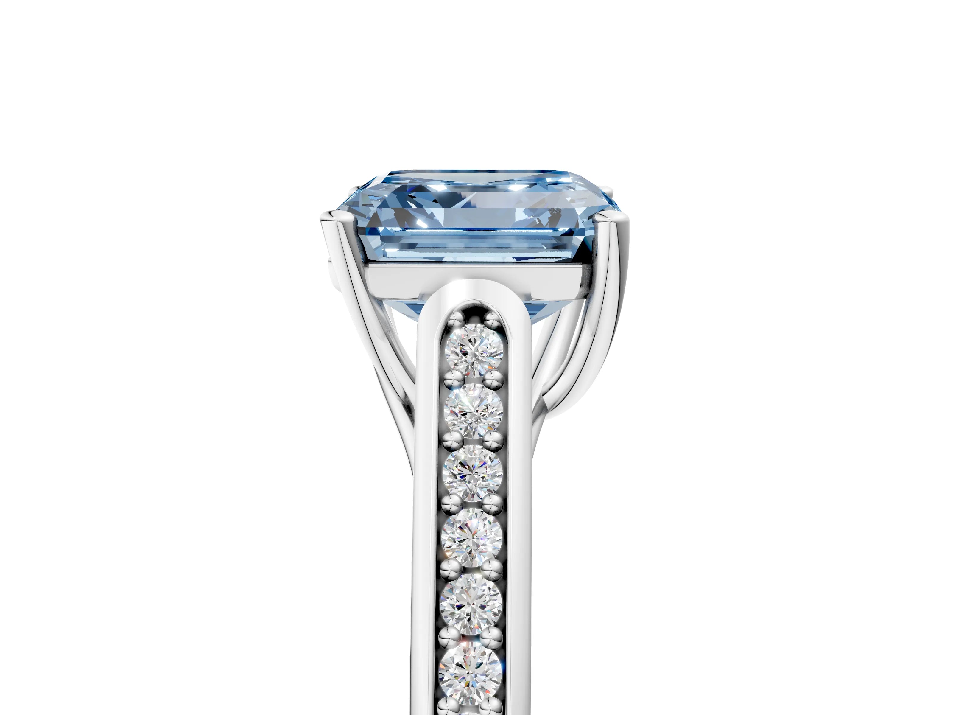White gold Fancy Blue Asscher Cut Solitaire Cathedral Diamond Engagement Ring with Channel-Set Band and Four-Prong Setting_8