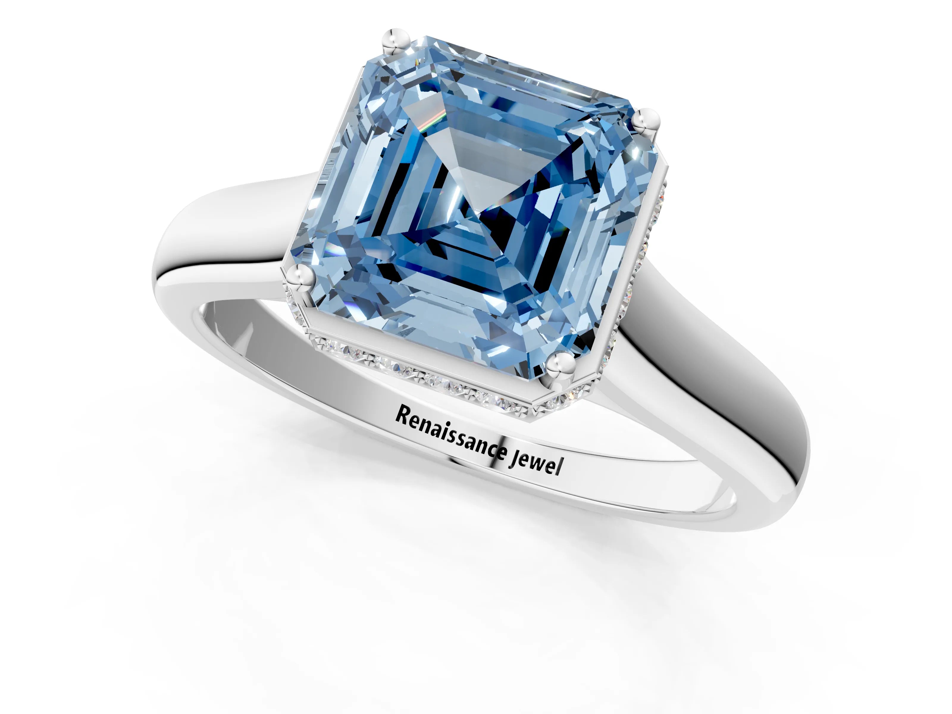 White gold Fancy Blue Asscher Cut Solitaire Diamond Engagement Ring with Four-Prong Setting and Tapered Band_13