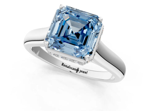 White gold Fancy Blue Asscher Cut Solitaire Diamond Engagement Ring with Four-Prong Setting and Tapered Band_13