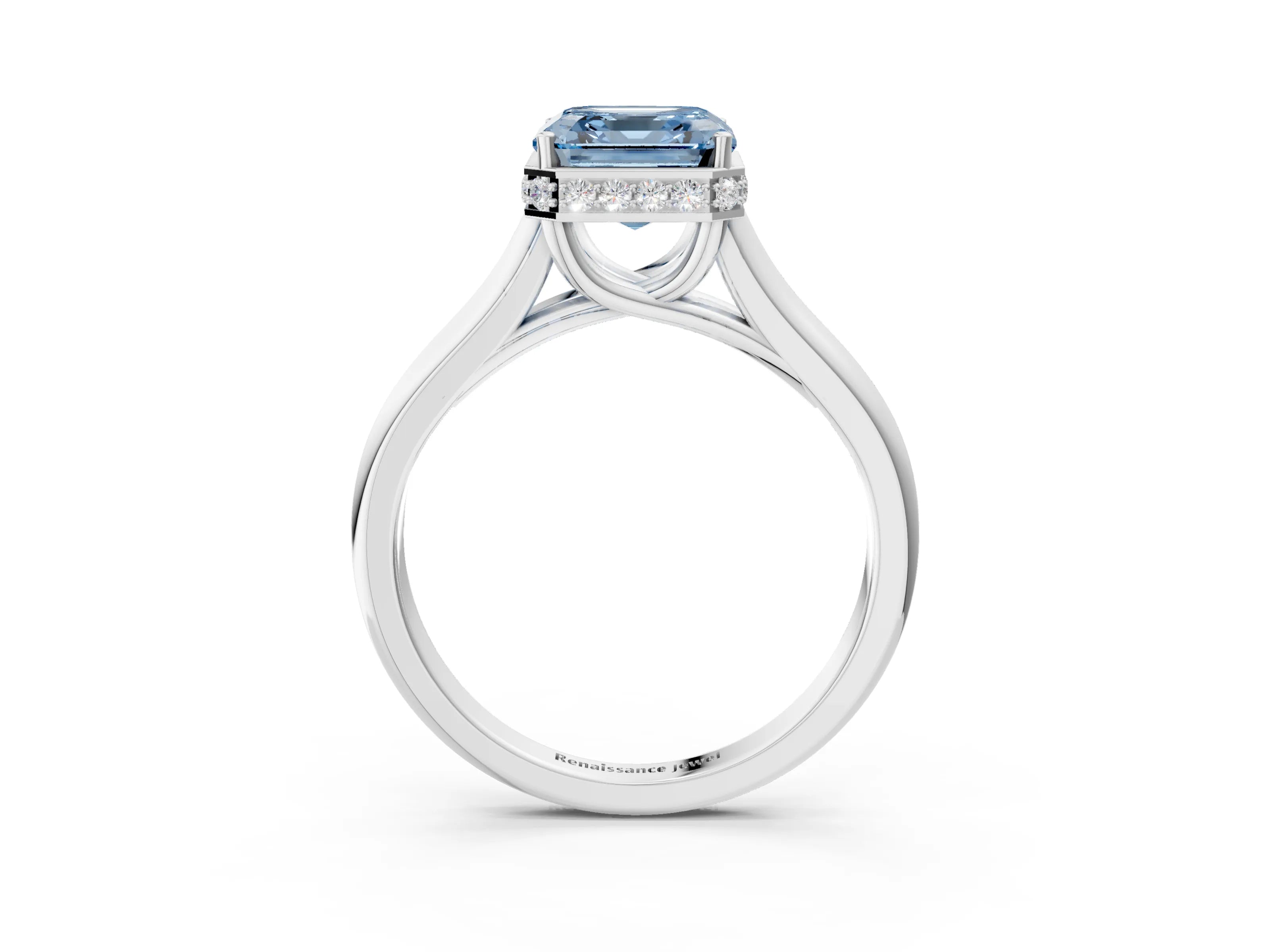 White gold Fancy Blue Asscher Cut Solitaire Diamond Engagement Ring with Four-Prong Setting and Tapered Band_3