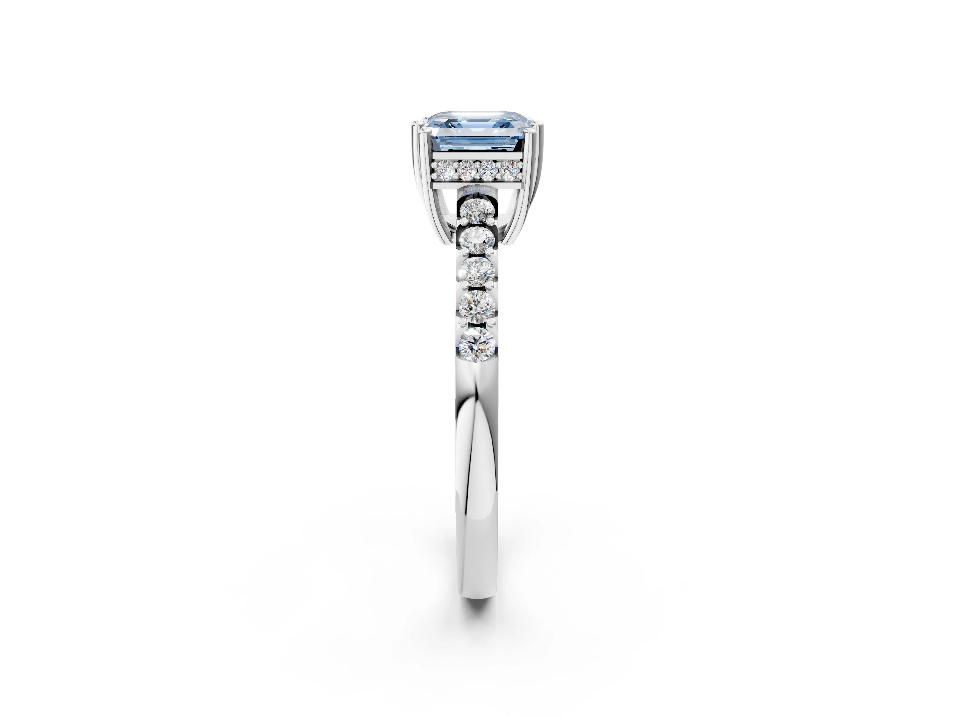 White gold Fancy Blue Asscher Cut Solitaire Diamond Engagement Ring with Pavé Band and Six-Prong Setting_14