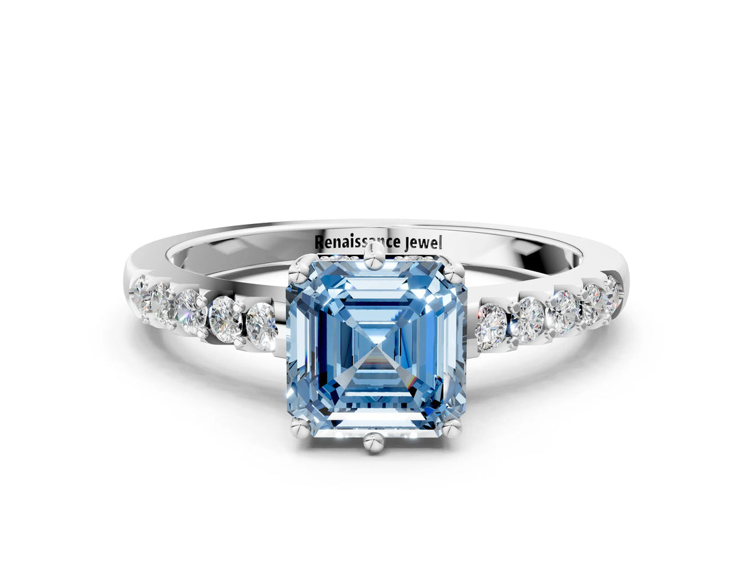 White gold Fancy Blue Asscher Cut Solitaire Diamond Engagement Ring with Pavé Band and Six-Prong Setting_24