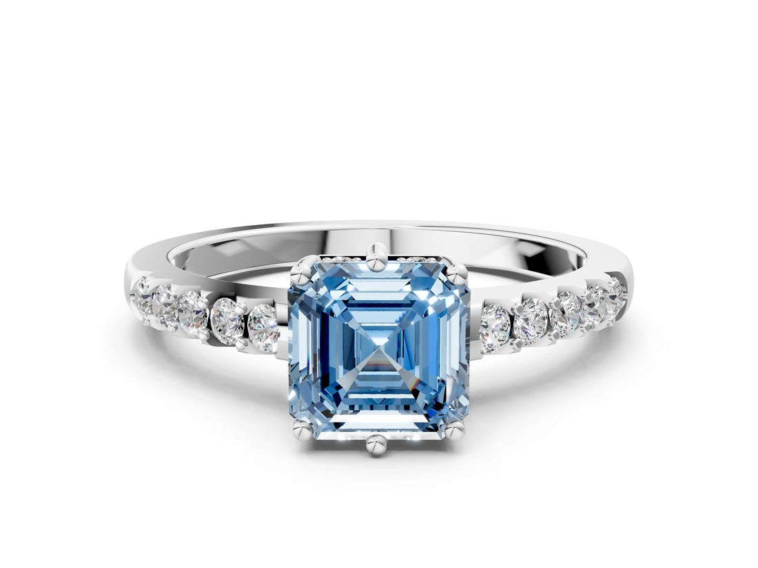 White gold Fancy Blue Asscher Cut Solitaire Diamond Engagement Ring with Pavé Band and Six-Prong Setting_48