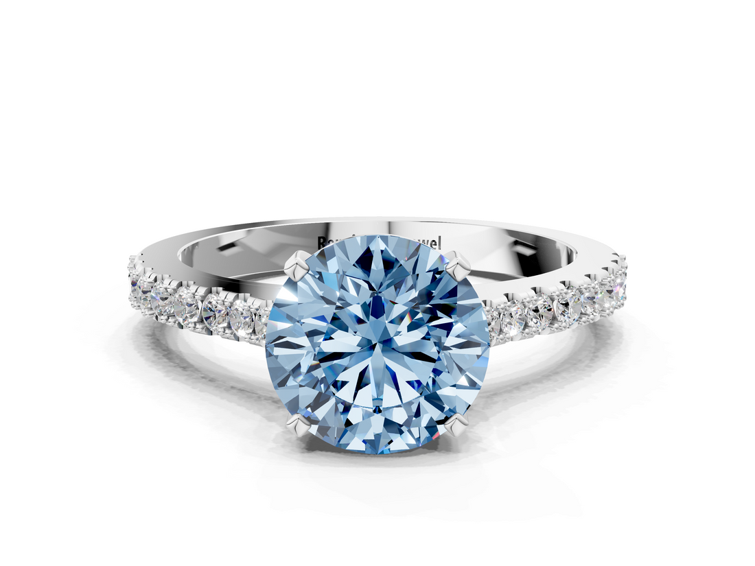 White gold Fancy Blue Asscher  Cut Solitaire Diamond Engagement Ring with Pave Band and Four-Prong Setting