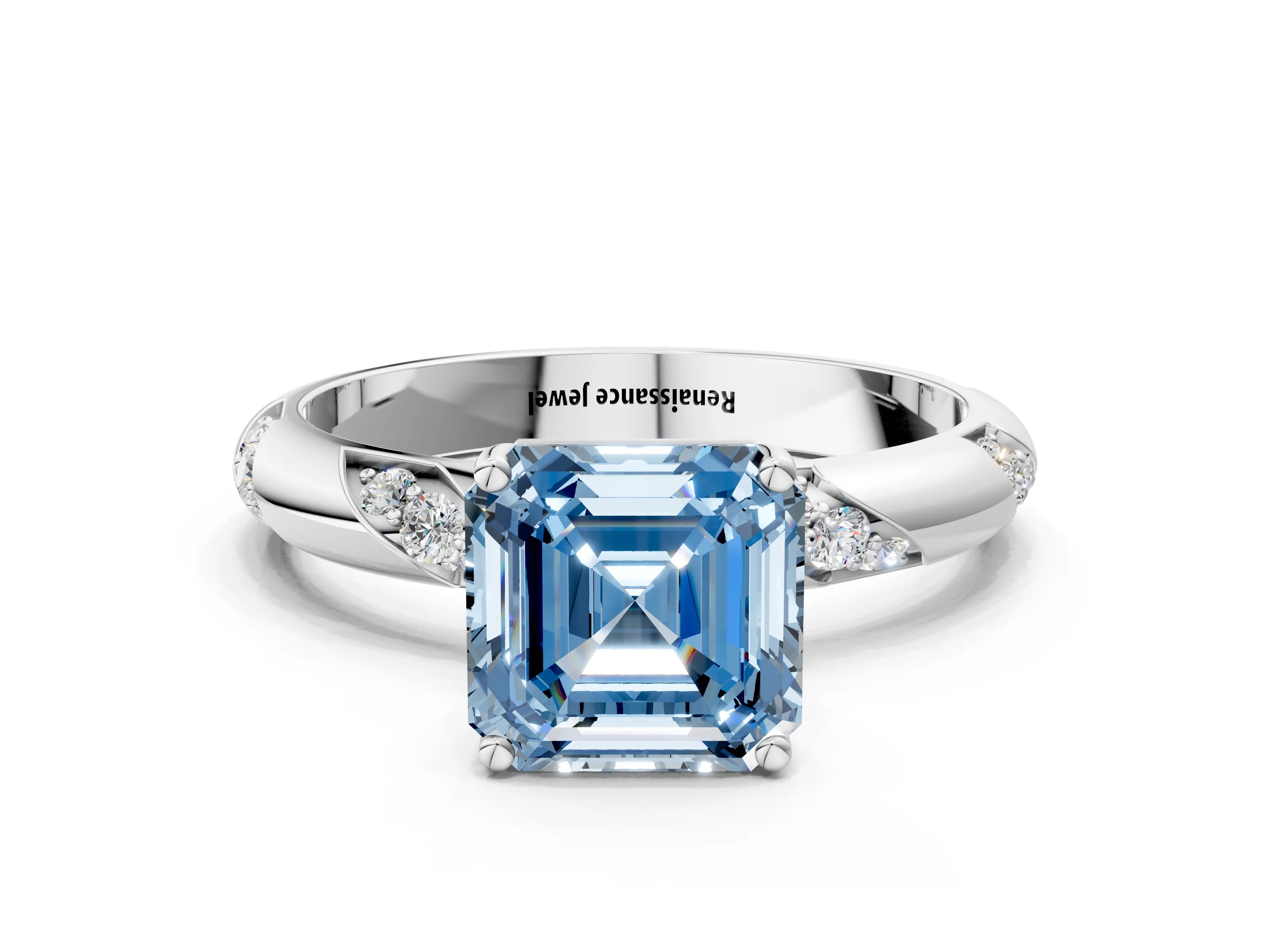 White gold Fancy Blue Asscher Cut Solitaire Diamond Engagement Ring with Twisted Pave Band and Four-Prong Setting_19